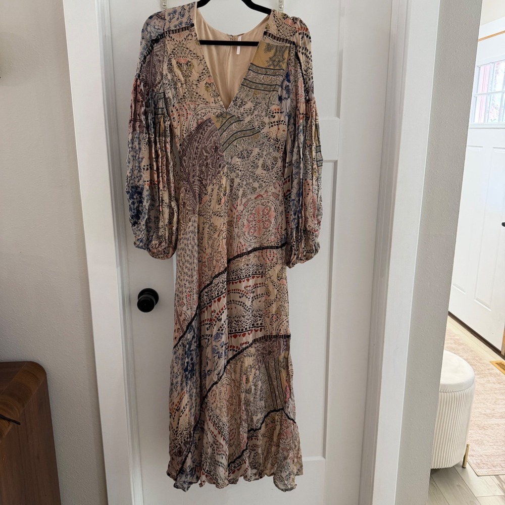 Free People Moroccan Dream Printed Maxi Dress Patchwork Boho V-Neck Size 4 - Picture 1 of 8